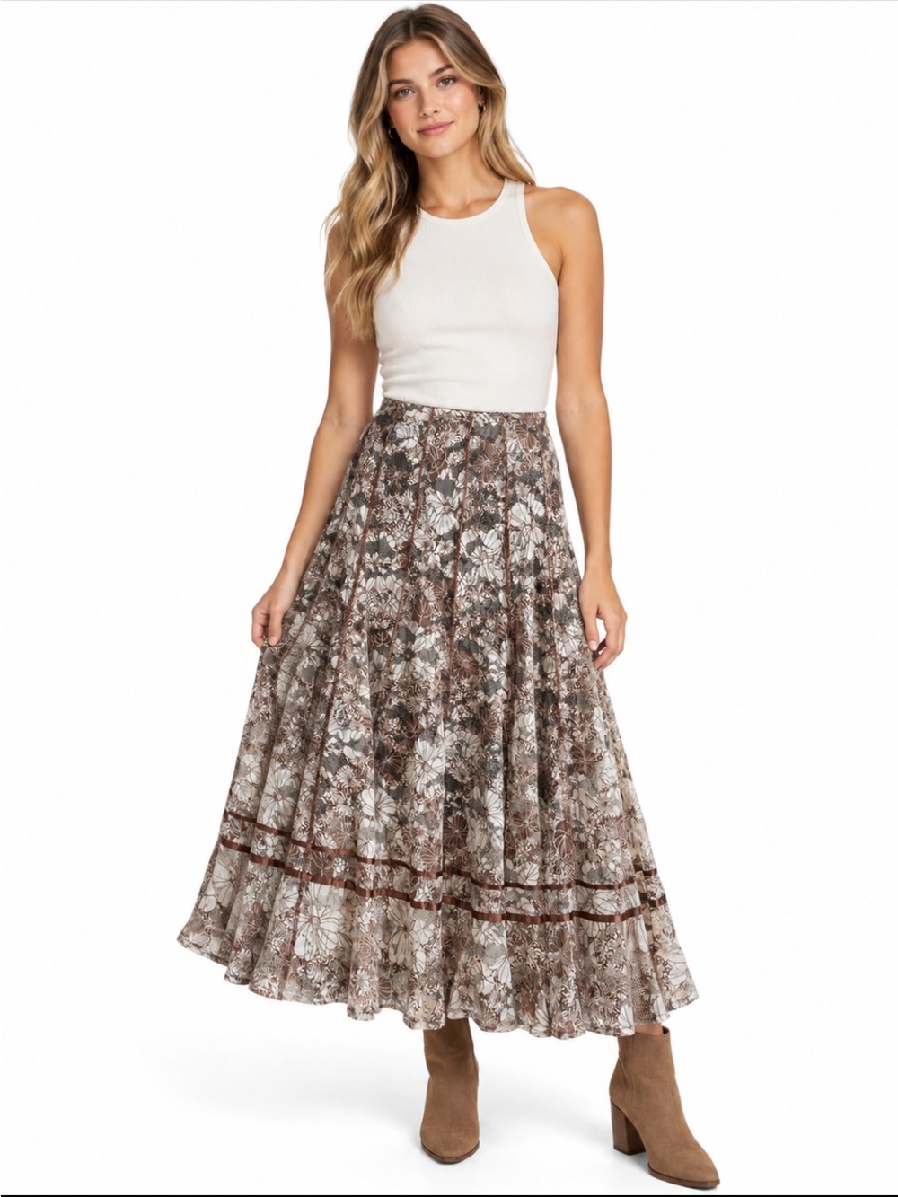 Marie Claire Floral Lace Tiered Maxi Skirt Woman Small Brown Cream Forest Fairy